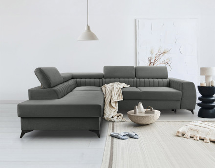 Canapé d'angle gauche 5 places convertible, coffre, têtières en velours Aneta