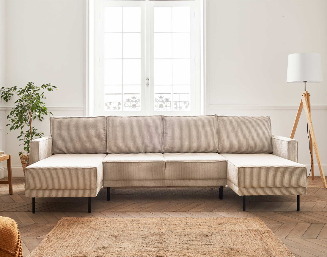 Canapé panoramique convertible avec coffre en velours côtelé 7 places Charlie