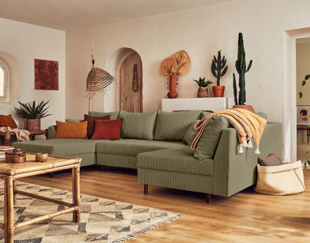 Canapé panoramique d'angle droit 7 places - en velours côtelé - Rune