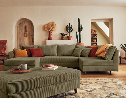 Canapé panoramique d'angle droit 7 places - avec pouf d'appoint - en velours côtelé - Rune