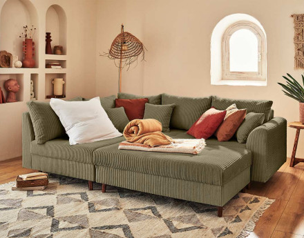 Canapé d'angle gauche - 4 places - avec pouf d'appoint - en velours côtelé - Rune