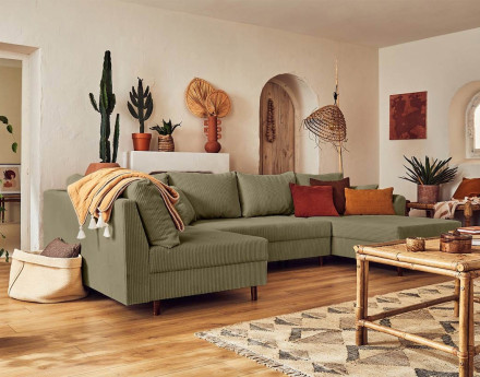 Canapé panoramique d'angle gauche 7 places - en velours côtelé - Rune