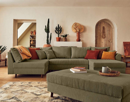 Canapé panoramique d'angle gauche 7 places avec pouf d'appoint - en velours côtelé - Rune