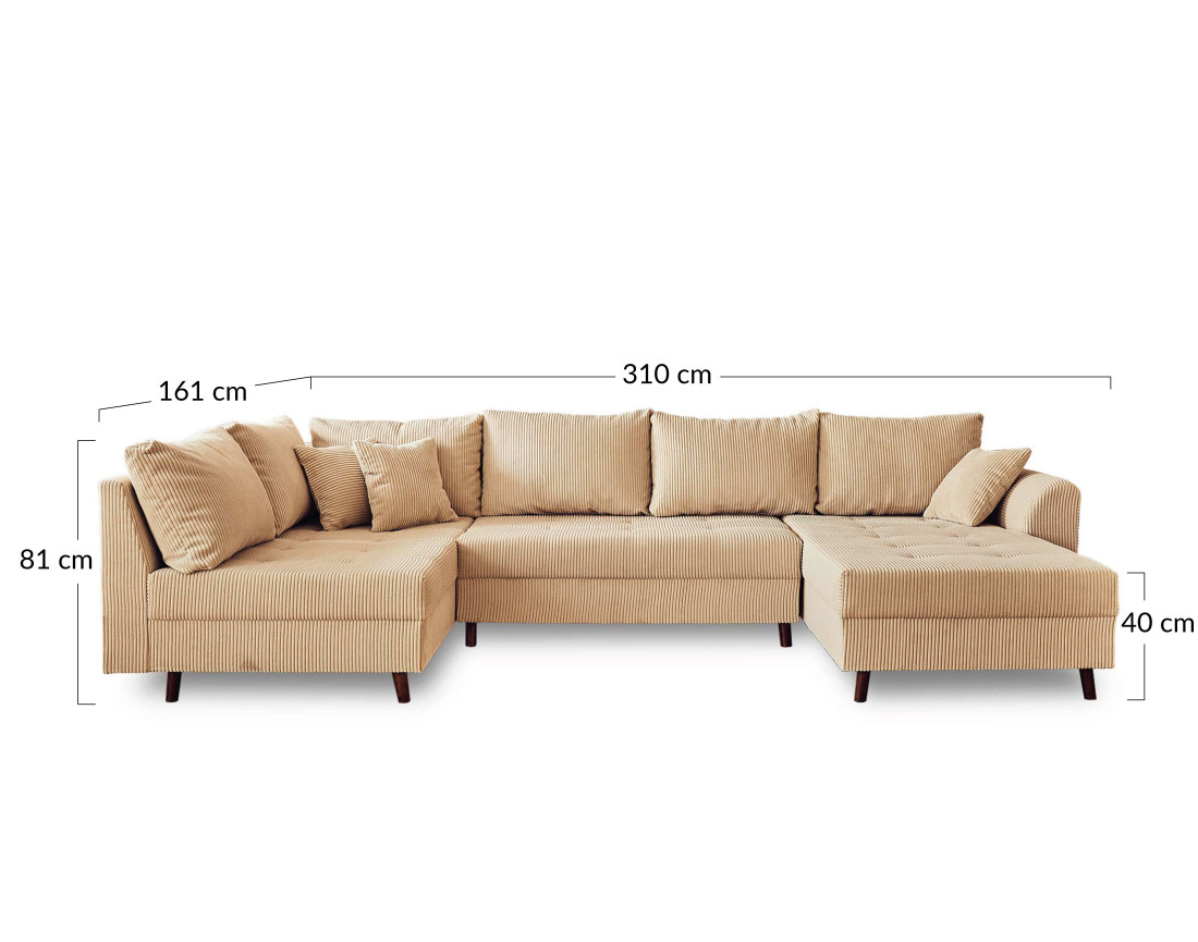 Canapé panoramique d'angle gauche 7 places avec pouf d'appoint - en velours côtelé - Rune