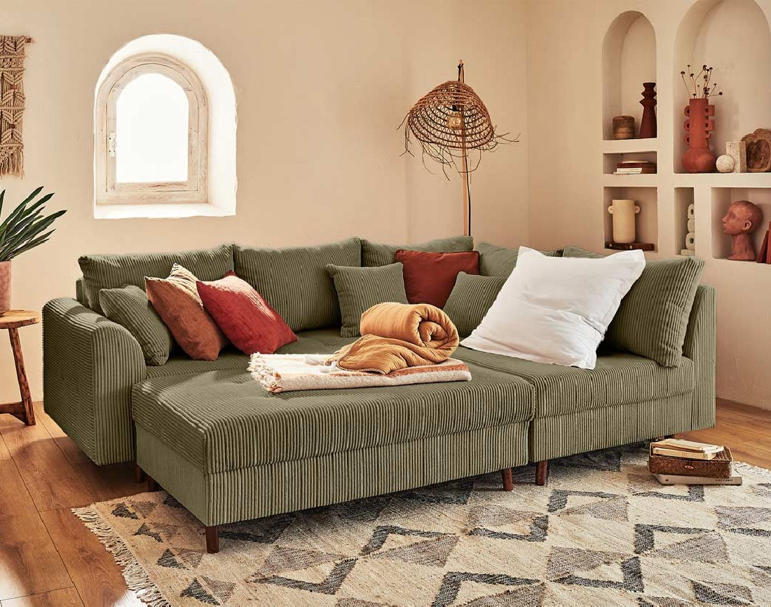 Canapé d'angle droit - 4 places - avec pouf d'appoint - en velours côtelé - Rune