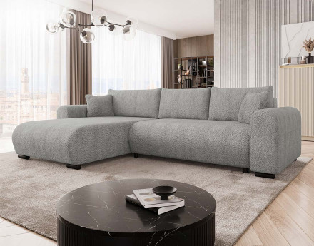 Canapé d'angle réversible 4 places convertible avec coffre en tissu bouclette Rosalie