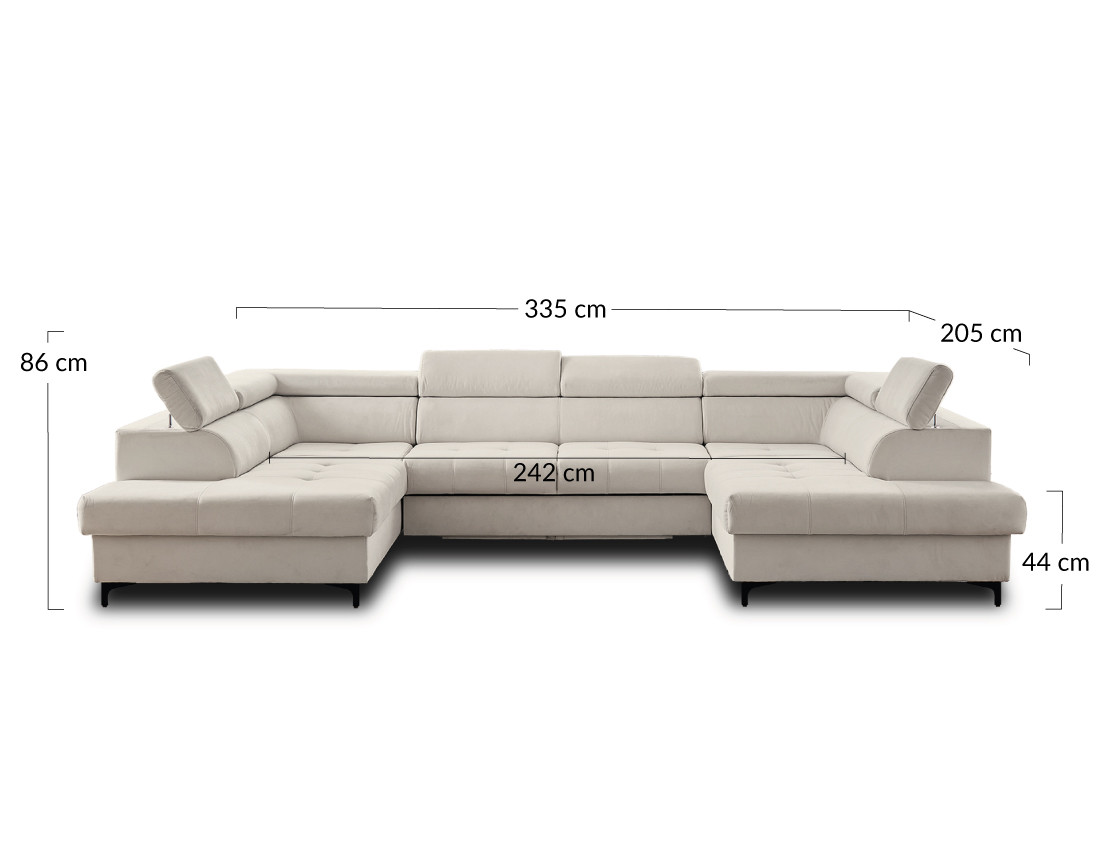 Canapé panoramique en U 7 places convertible avec coffres et têtières réglables en velours Merida