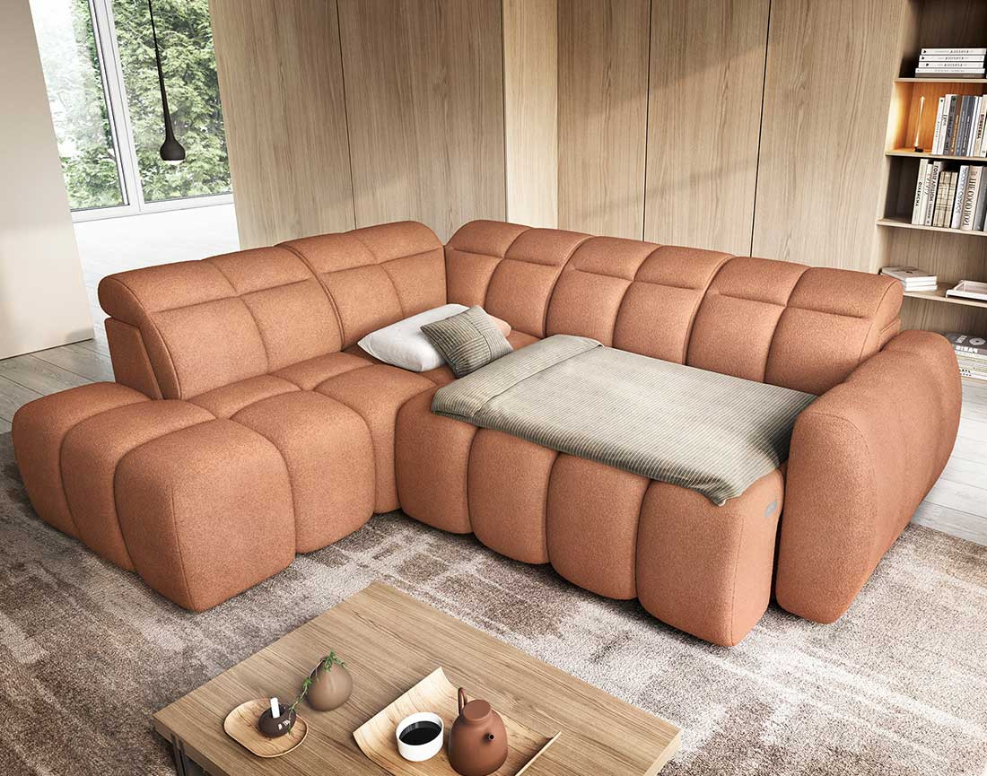 Canapé d'angle gauche 4 places assise extensible électrique avec coffre en tissu texturé Basile