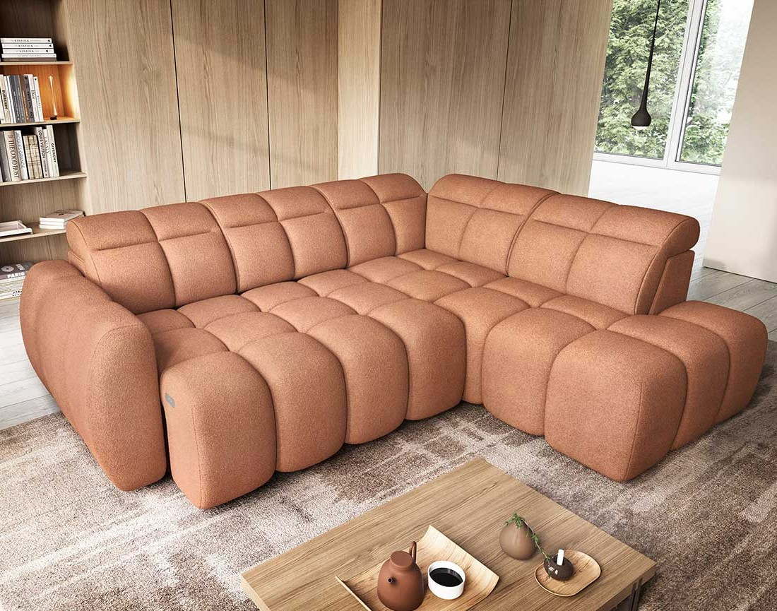 Canapé d'angle droit 4 places assise extensible électrique avec coffre en tissu texturé Basile