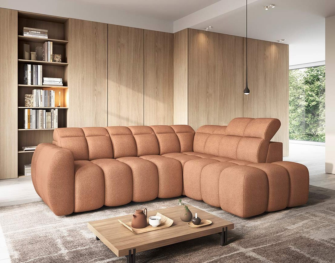Canapé d'angle droit 4 places assise extensible électrique avec coffre en tissu texturé Basile