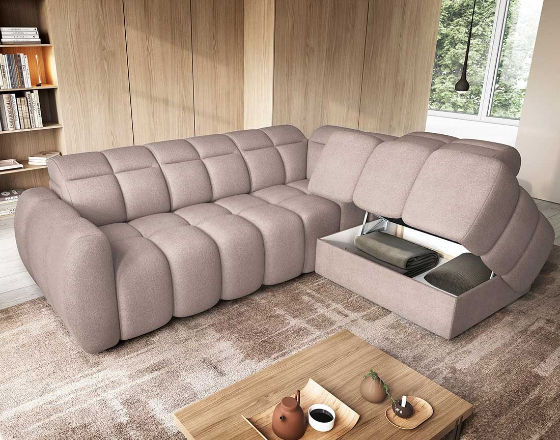 Canapé d'angle droit 4 places assise extensible électrique avec coffre en tissu texturé Basile
