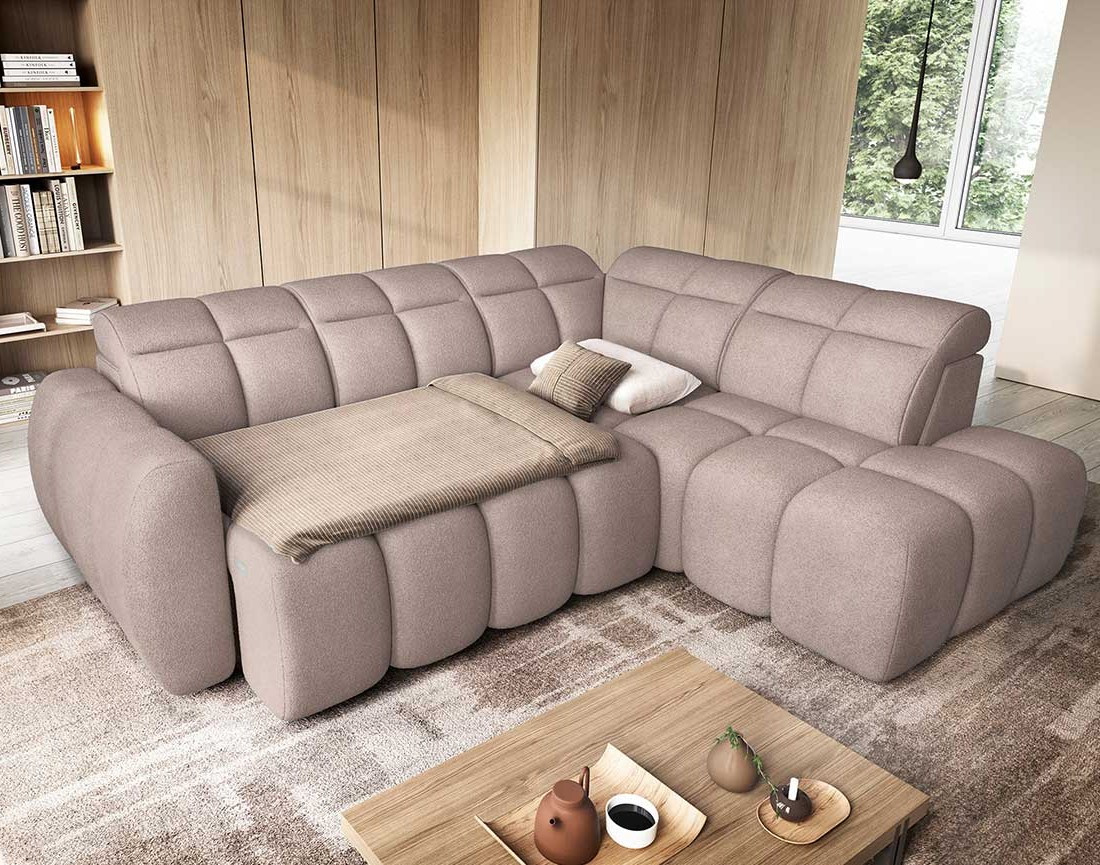 Canapé d'angle droit 4 places assise extensible électrique avec coffre en tissu texturé Basile