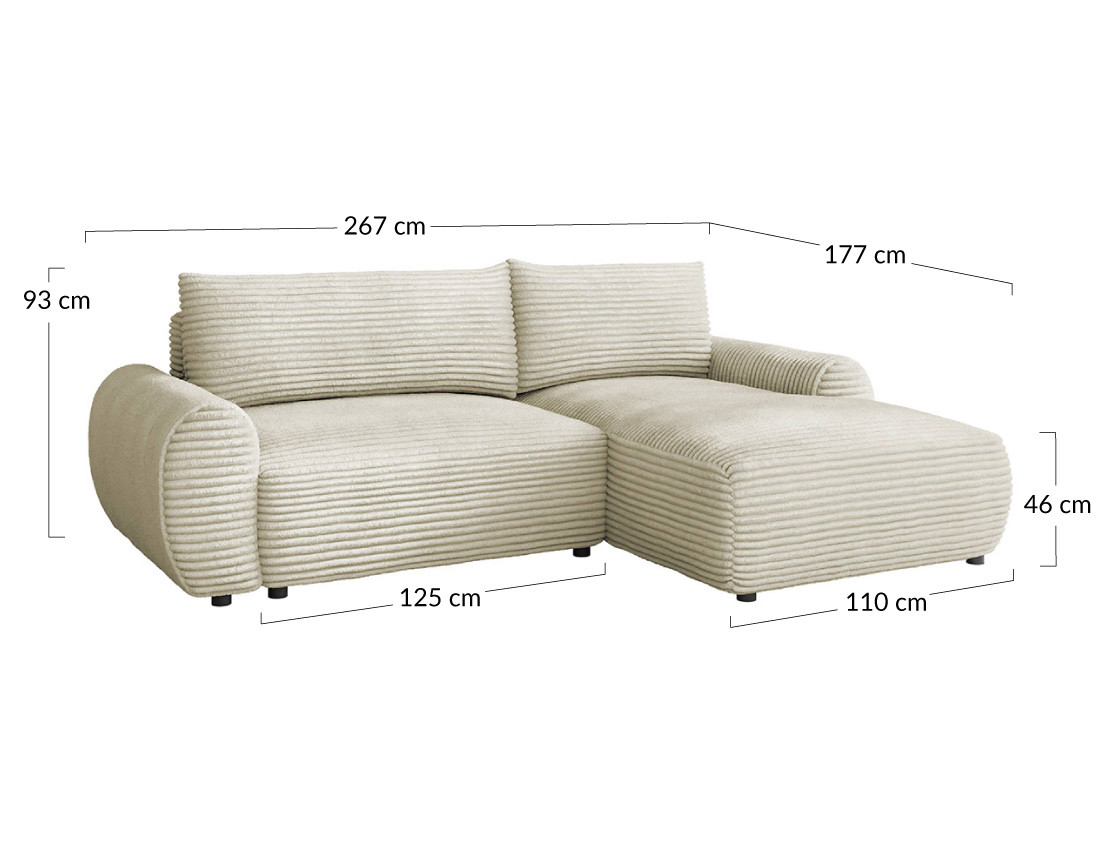 Canapé d'angle droit 4 places convertible avec coffre en velours côtelé grosses côtes Silvano