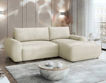 Canapé d'angle droit 4 places convertible avec coffre en velours côtelé grosses côtes Silvano