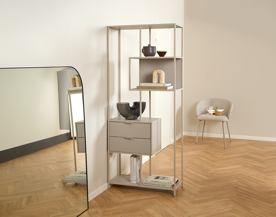 Étagère filaire métal avec plaquage en bois blanchi avec tiroirs 77 cm gris Anthea