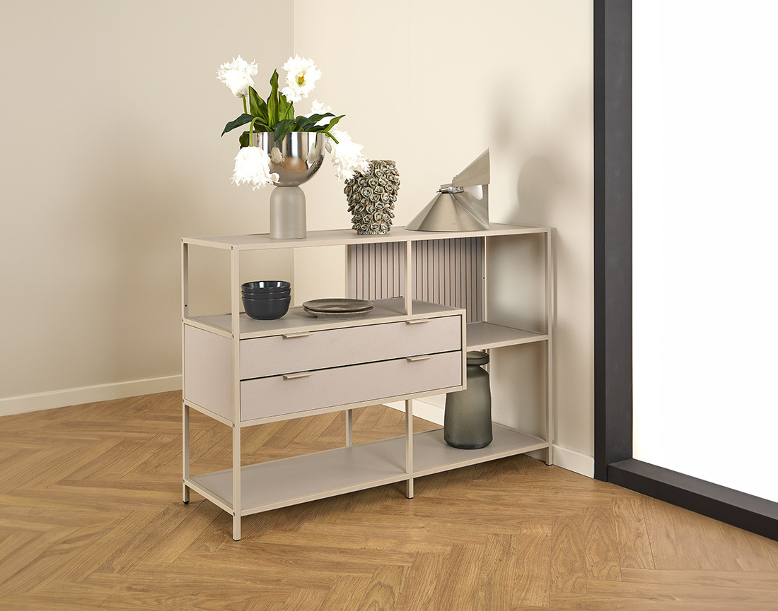 Étagère filaire métal avec plaquage en bois blanchi avec tiroirs 114 cm gris Anthea