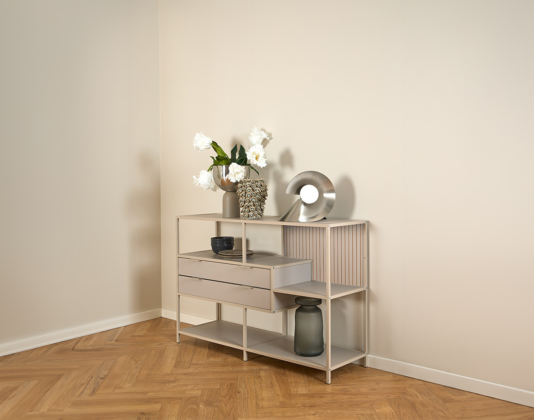 Étagère filaire métal avec plaquage en bois blanchi avec tiroirs 114 cm gris Anthea