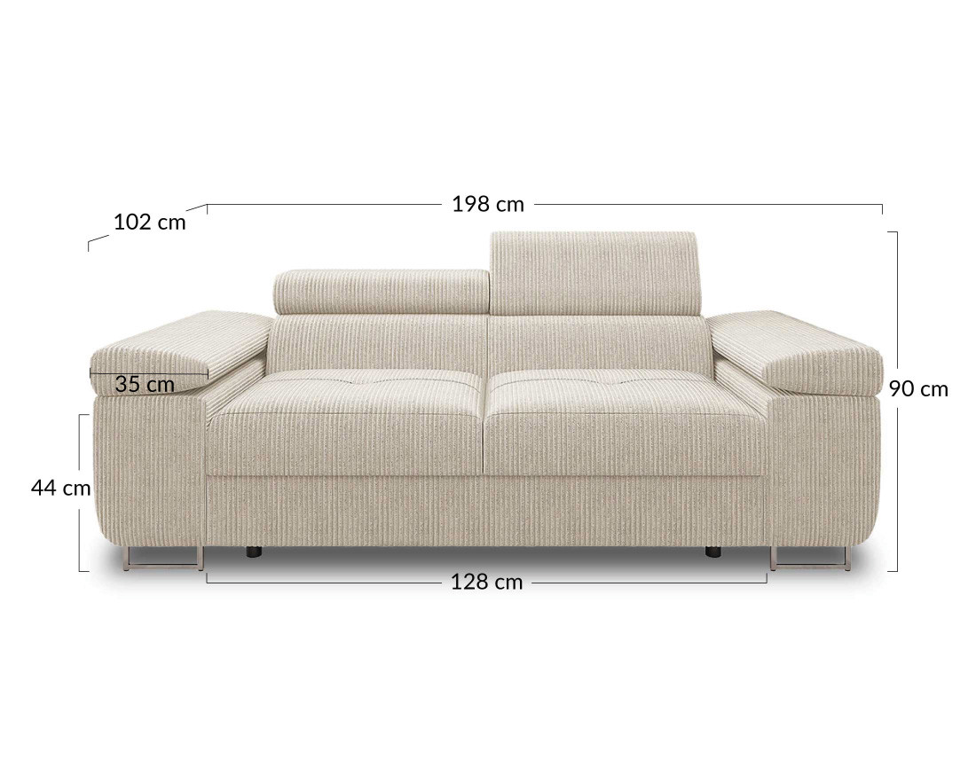 Canapé droit 2 places avec têtières ajustables en velours côtelé Pablo
