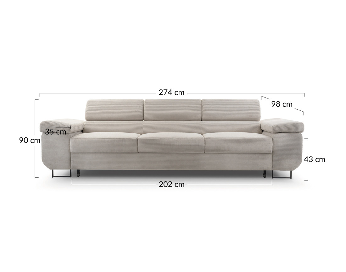 Canapé 3 places convertible avec têtières réglables en velours côtelé Pablo