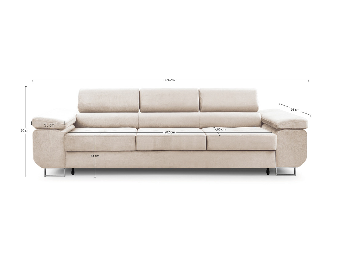 Canapé 3 places convertible avec têtières réglables en velours Pablo