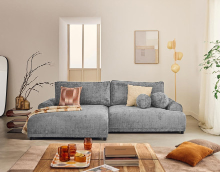 Canapé d'angle gauche 4 places convertible avec coffre en velours texturé Nelly