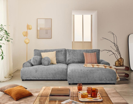 Canapé d'angle droit 4 places convertible avec coffre en velours texturé Nelly