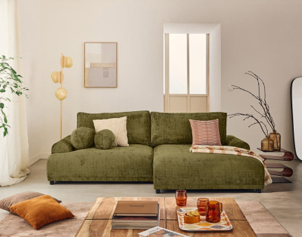 Canapé d'angle droit 4 places convertible avec coffre en velours texturé Nelly