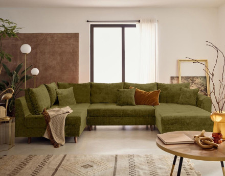 Canapé panoramique d'angle gauche 7 places en velours texturé Rune