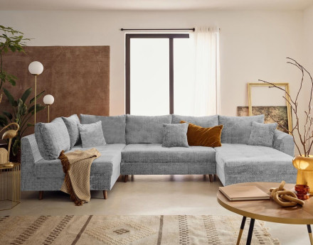 Canapé panoramique d'angle gauche 7 places en velours texturé Rune