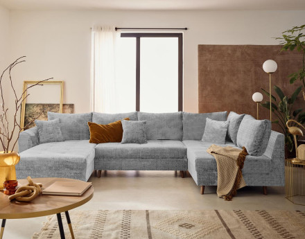 Canapé panoramique d'angle droit 7 places en velours texturé Rune