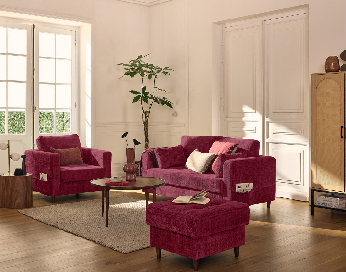 Canapé droit 2 places avec poche en velours texturé Anna