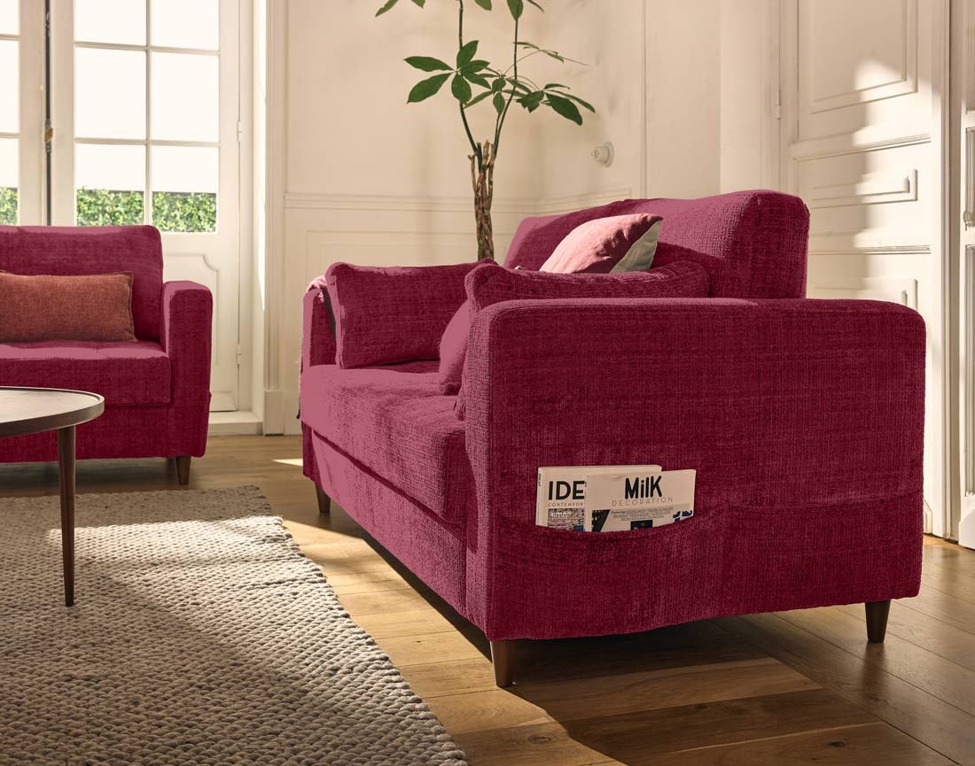 Canapé droit 2 places avec poche en velours texturé Anna