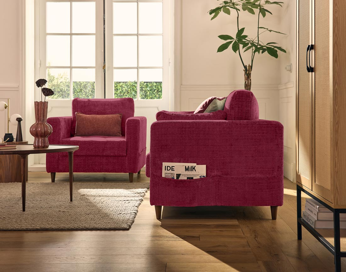 Canapé droit 2 places avec poche en velours texturé Anna