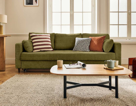 Canapé droit 3 places convertible avec poche en velours texturé Anna