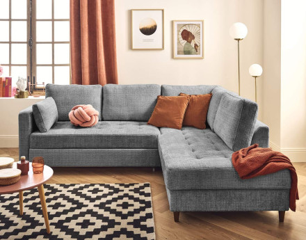 Canapé d'angle droit 5 places convertible en velours texturé Anna