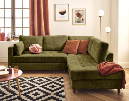 Canapé d'angle droit 5 places convertible en velours texturé Anna