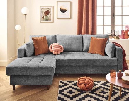 Canapé d'angle gauche 4 places convertible avec coffre en velours texturé Anna