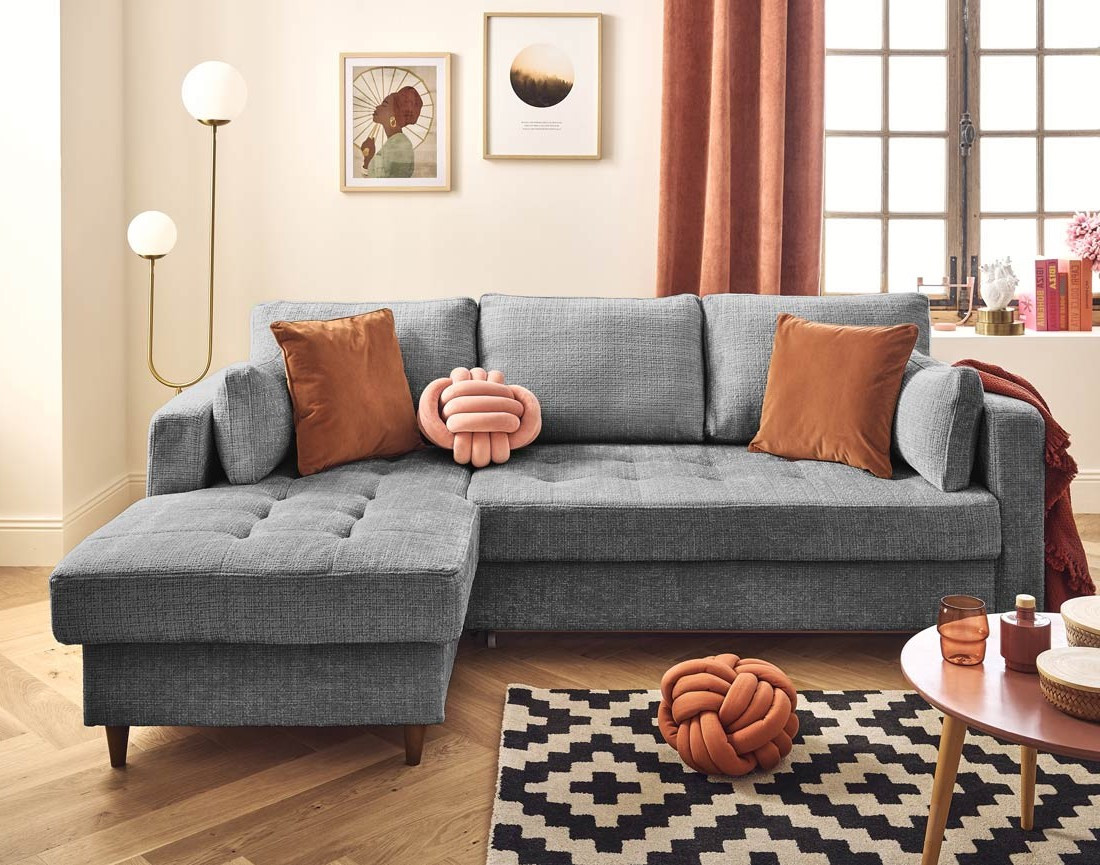 Canapé d'angle gauche 4 places convertible avec coffre en velours texturé Anna