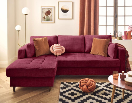 Canapé d'angle gauche 4 places convertible avec coffre en velours texturé Anna