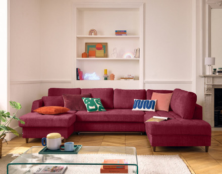 Canapé panoramique d'angle droit 7 places convertible avec coffre en velours texturé Anna