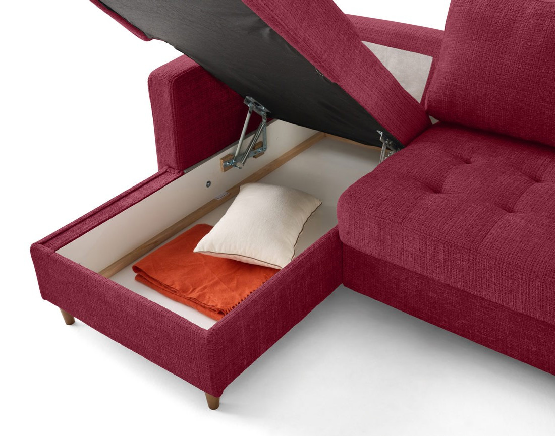 Canapé panoramique d'angle droit 7 places convertible avec coffre en velours texturé Anna