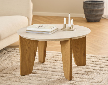 Table basse pieds en chêne plateau effet travertin 80 cm Noeva