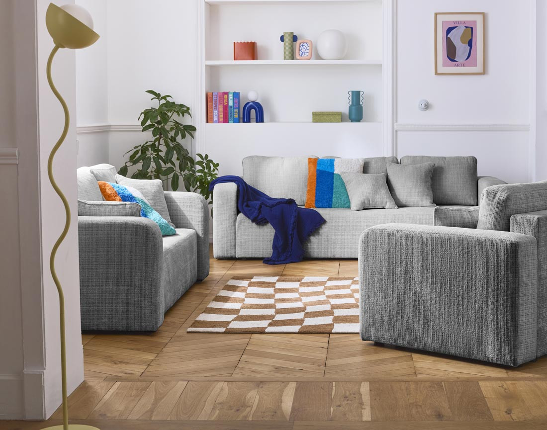 Canapé droit 3 places convertible avec coffre en velours texturé Miro