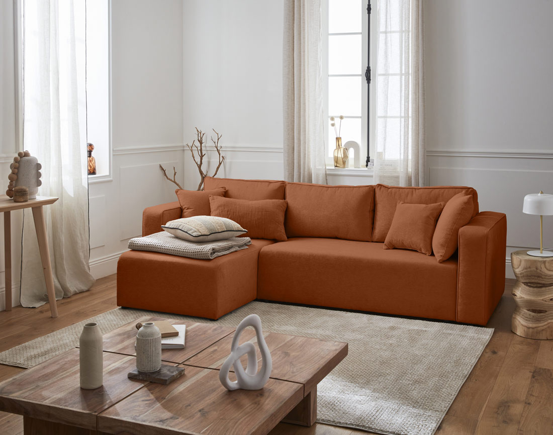 Canapé d'angle réversible 4 places convertible avec coffre en tissu Topaze