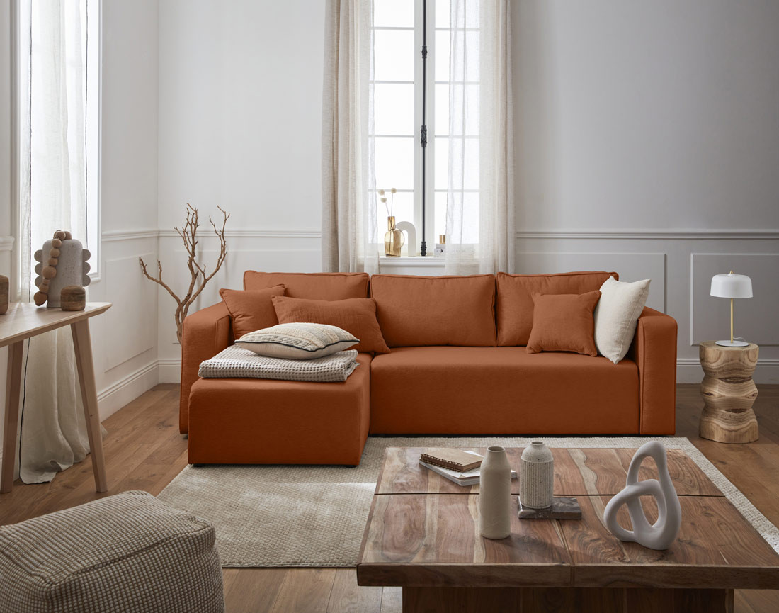 Canapé d'angle réversible 4 places convertible avec coffre en tissu Topaze