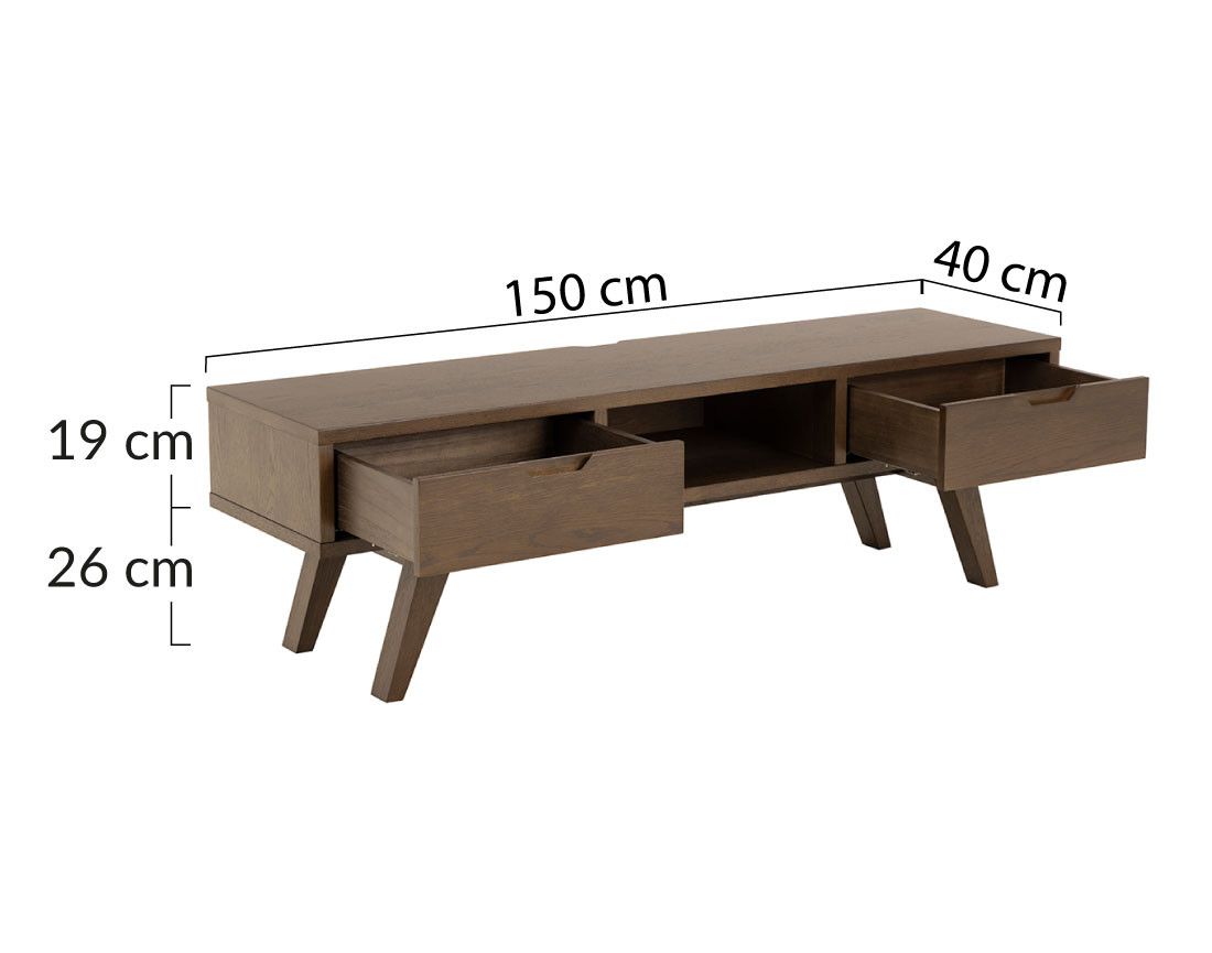 Meuble tv chêne foncé 2 tiroirs 150 cm Pauline