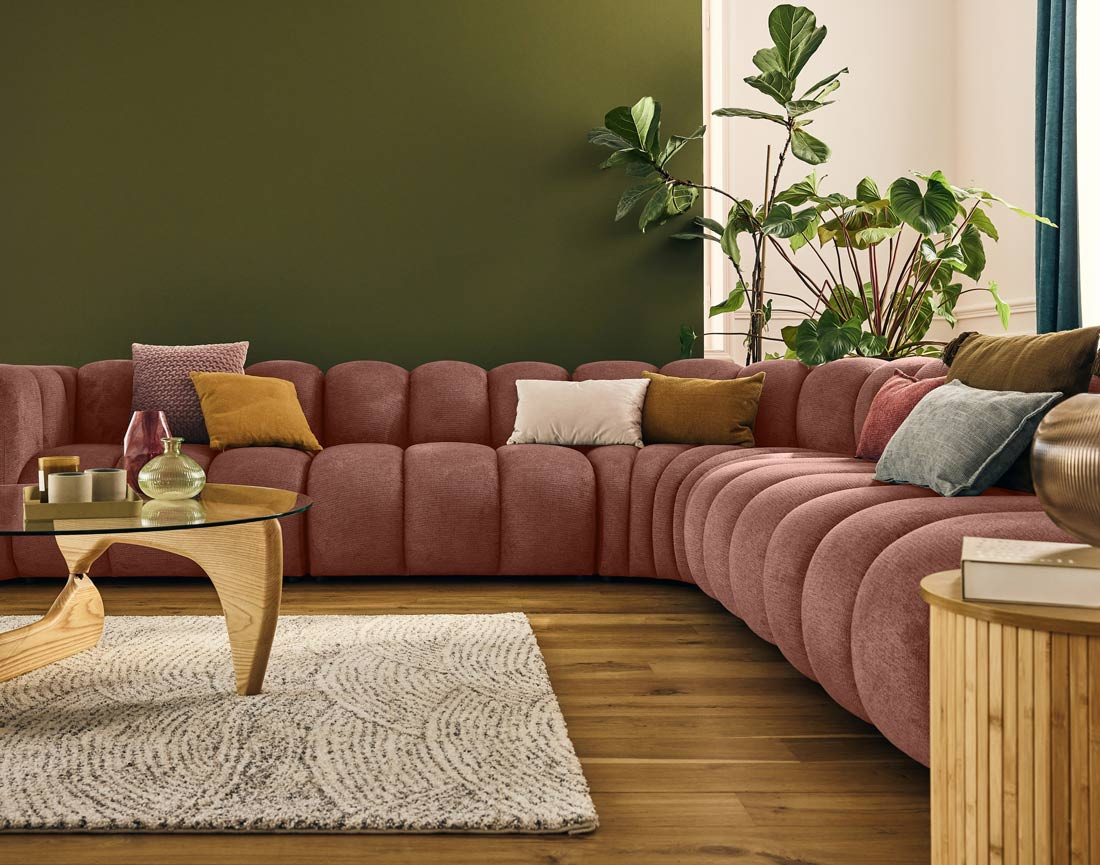 Canapé modulable d'angle droit 5 places en tissu texturé Debbie