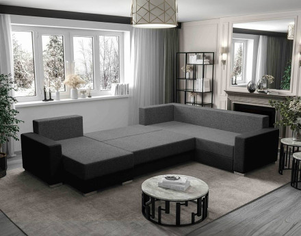 Canapé panoramique d'angle réversible 7 places convertible avec coffre en tissu Leslie