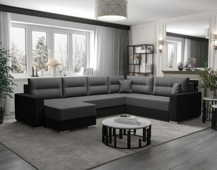 Canapé panoramique d'angle réversible 7 places convertible avec coffre en tissu Leslie