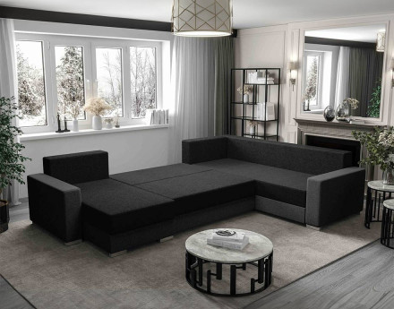 Canapé panoramique d'angle réversible 7 places convertible avec coffre en tissu Leslie